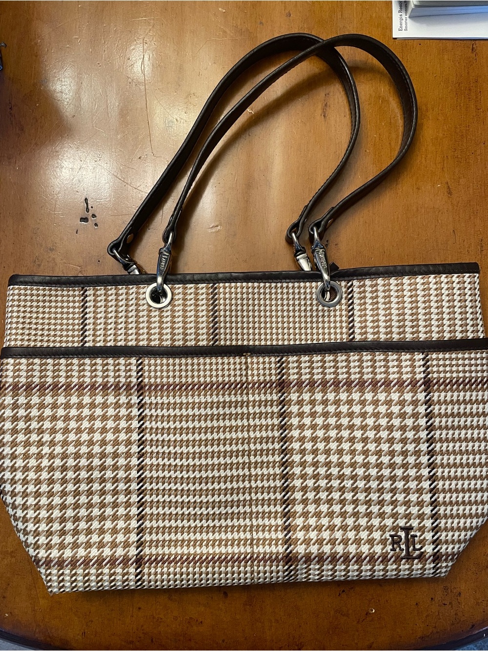 Ralph Lauren Brown and Cream Houndstooth Tote-NWOT